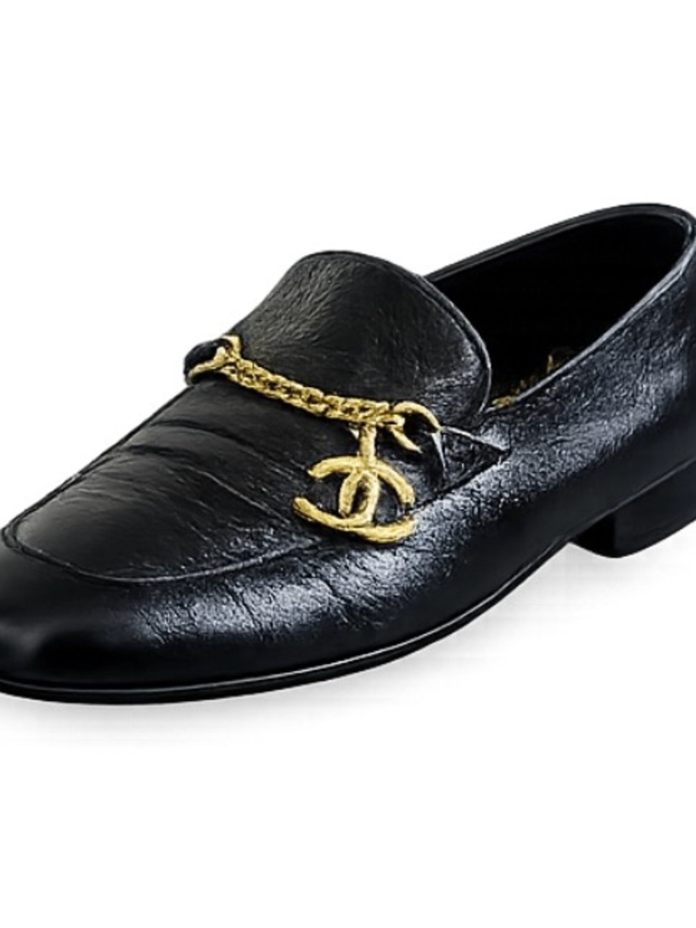 CHANEL Black Leather Loafers with Gold Chain CC Charm - Picture 2 of 6